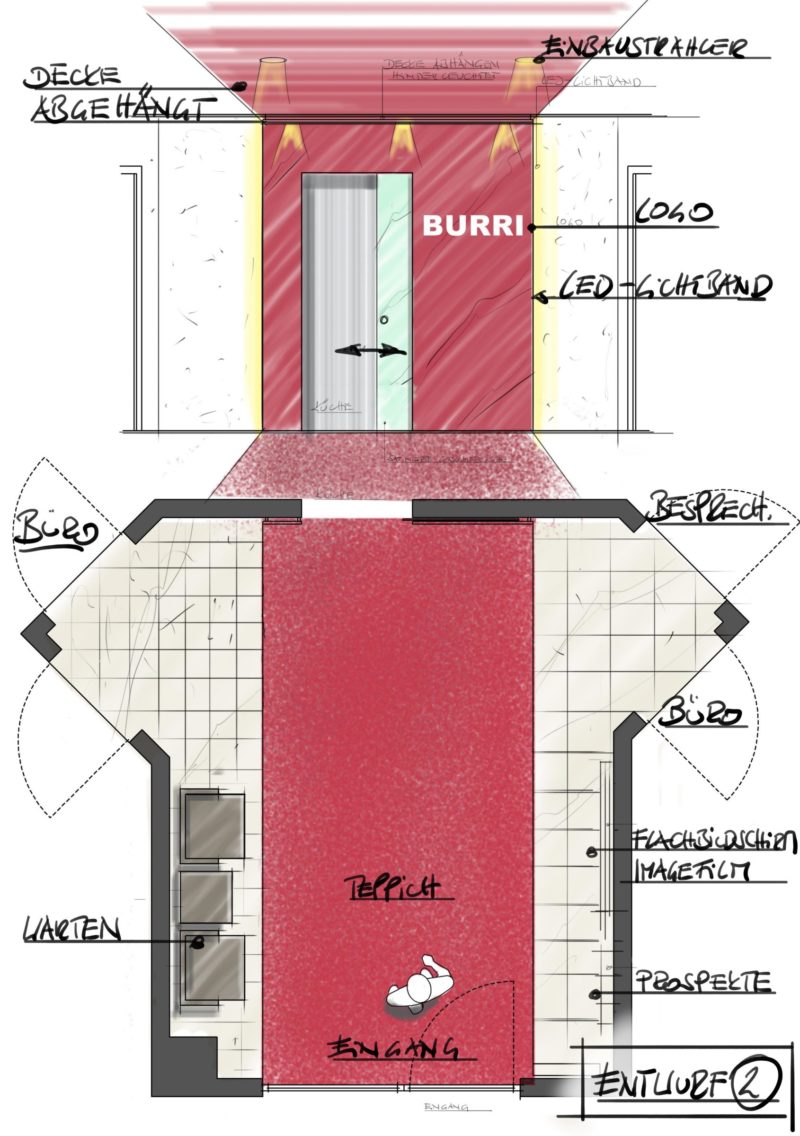 Entwurf Grundriss Eingangsbereich mit roter Teppich längst.