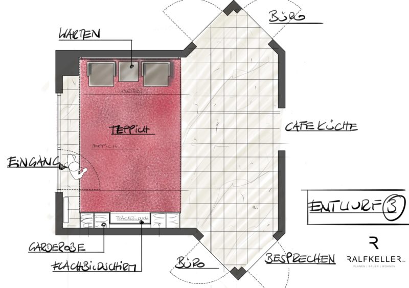Entwurf Grundriss Eingangsbereich, roter Teppich quer.