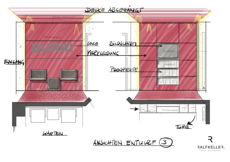 Entwurf von Wartebereich und Infowand mit roter Wandverkleidung.